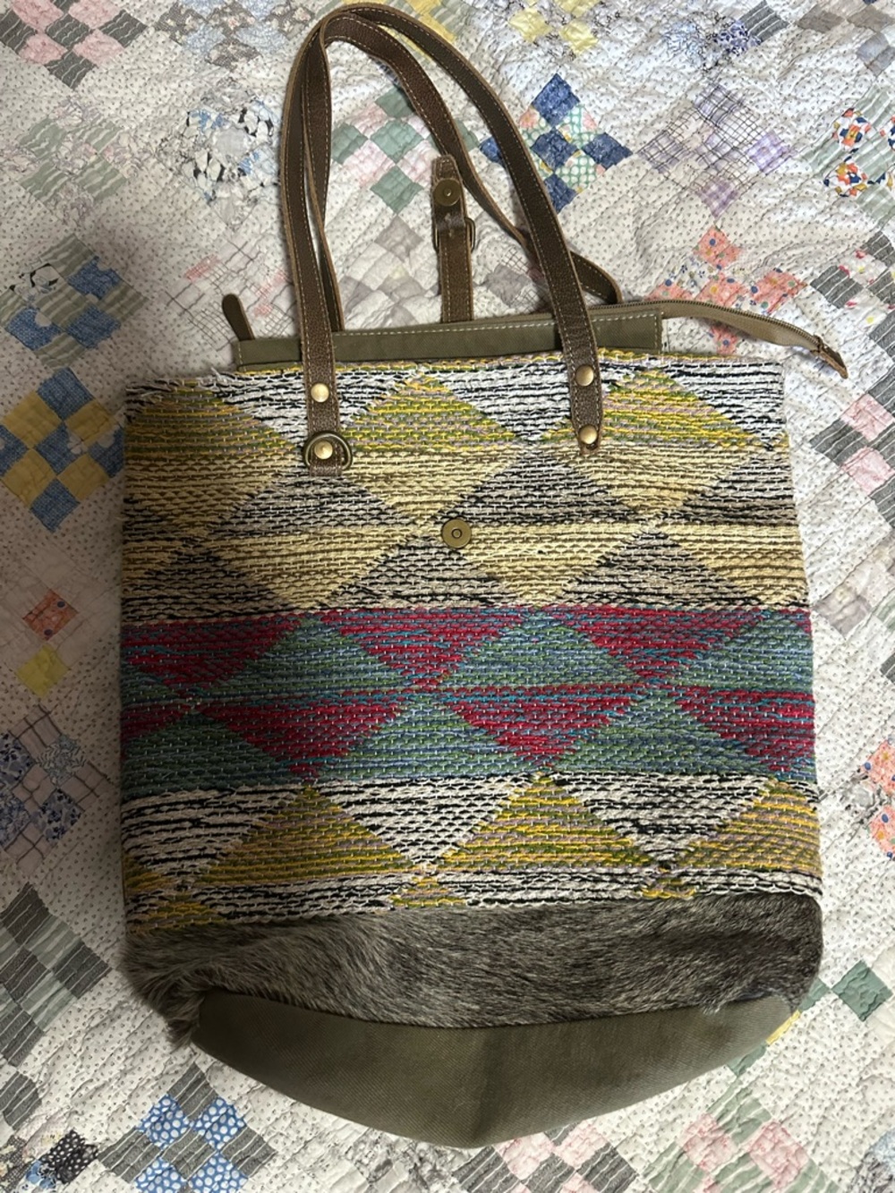 Myra Bag Multicolor Diamond-Pattern Woven Tote with Brown Leather Handles